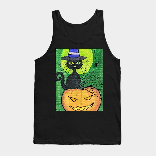 Black cat in purple witch hat on Jack o lantern gouache painting Tank Top by Starlight Tales